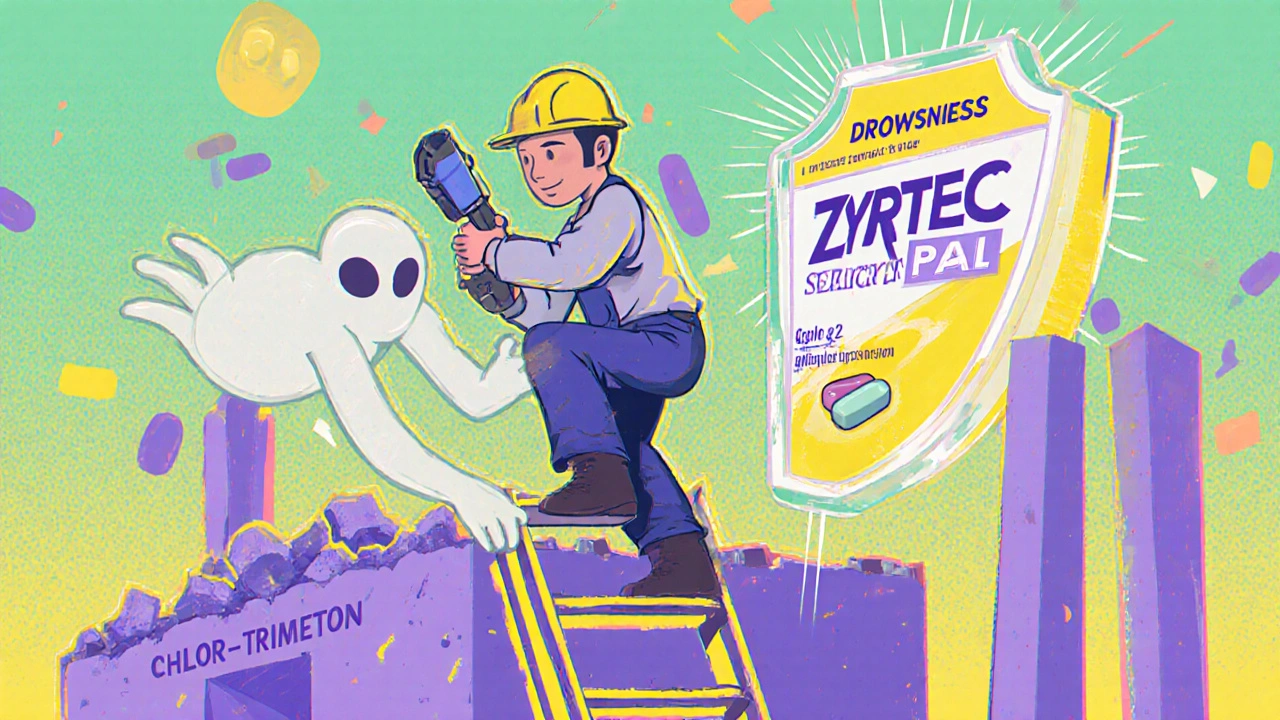 A factory worker on a ladder being pulled by ghostly drowsiness hands, with a protective second-gen pill nearby.