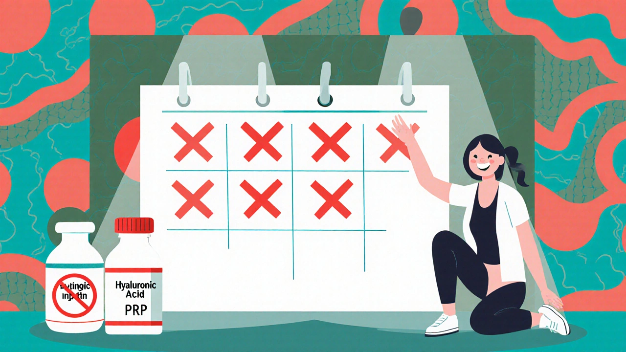 Calendar showing limited joint injections with alternative treatment icons in Memphis design.