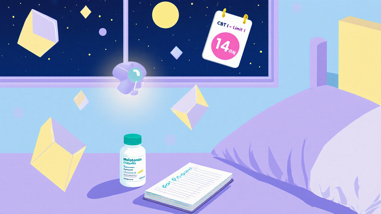 Calm bedroom with melatonin bottle, CBT‑I notes, and a 14‑day calendar.