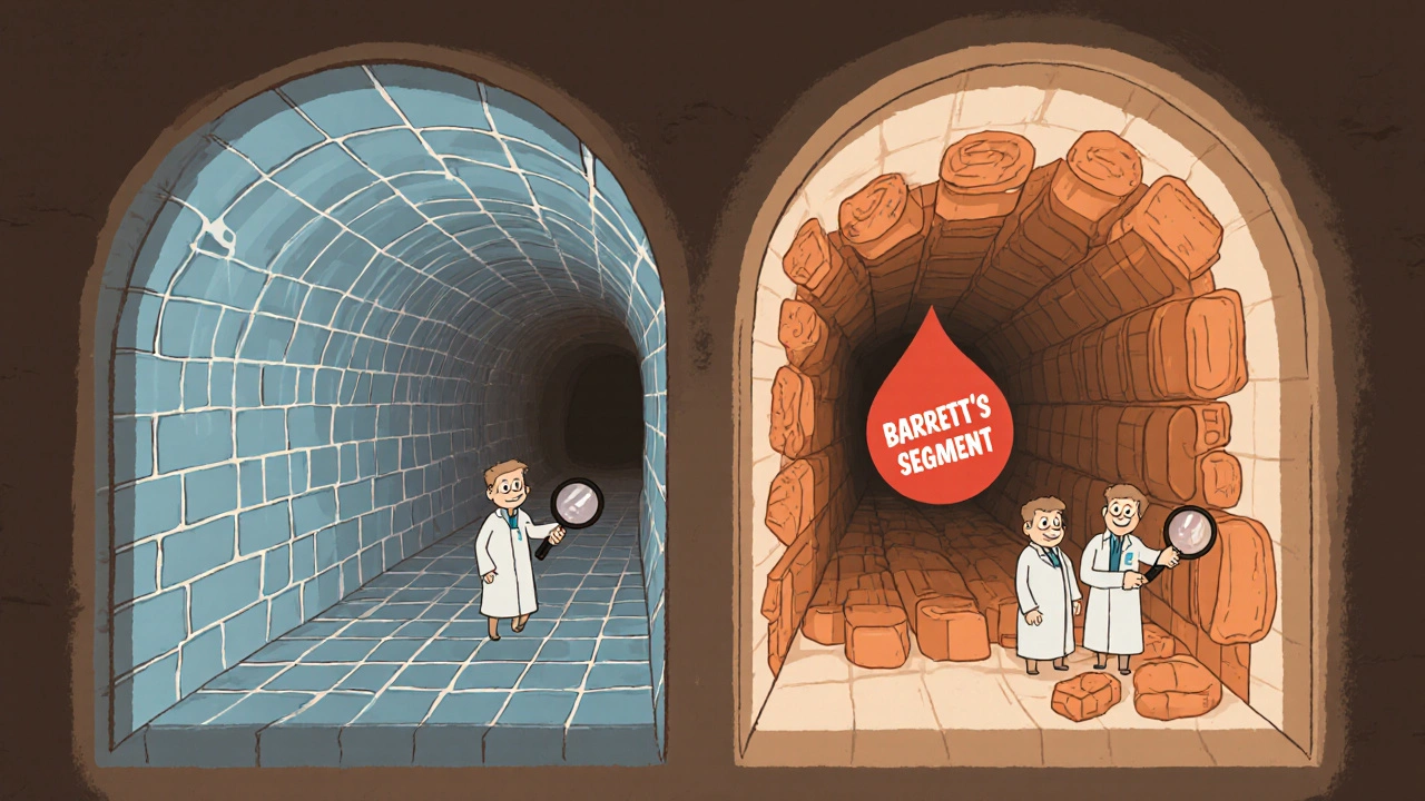 Cartoon cross‑section showing normal esophagus cells turning into Barrett&#039;s cells.