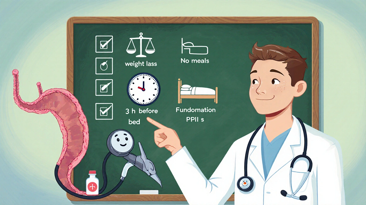 Cartoon doctor showing lifestyle, medication, and surgery options for GERD prevention.