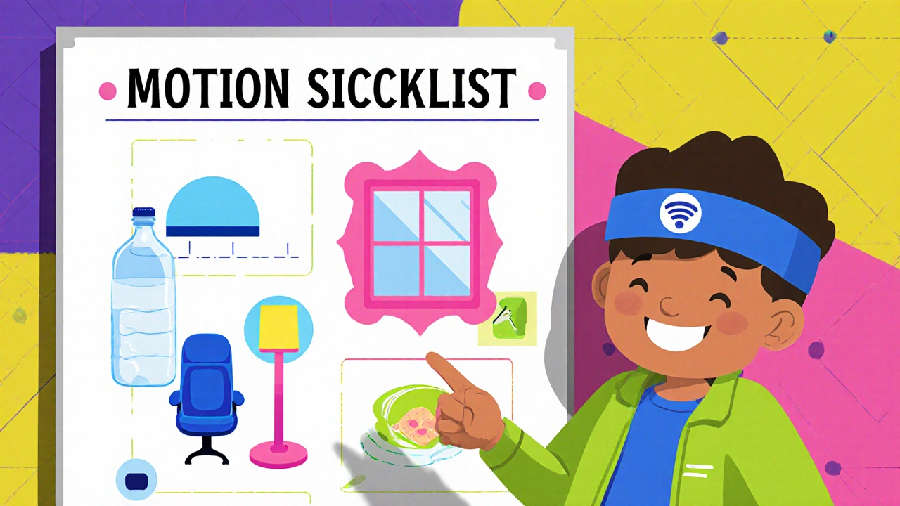 Cheerful checklist with icons for horizon, water, light, window frame, and snack to prevent motion sickness.