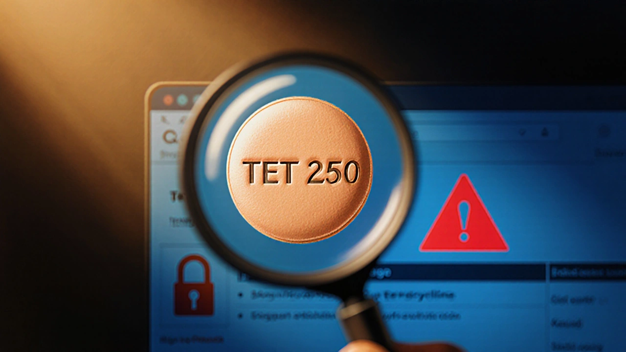 Close‑up of a tetracycline tablet under magnifying glass showing imprint, with warning symbols in the background.