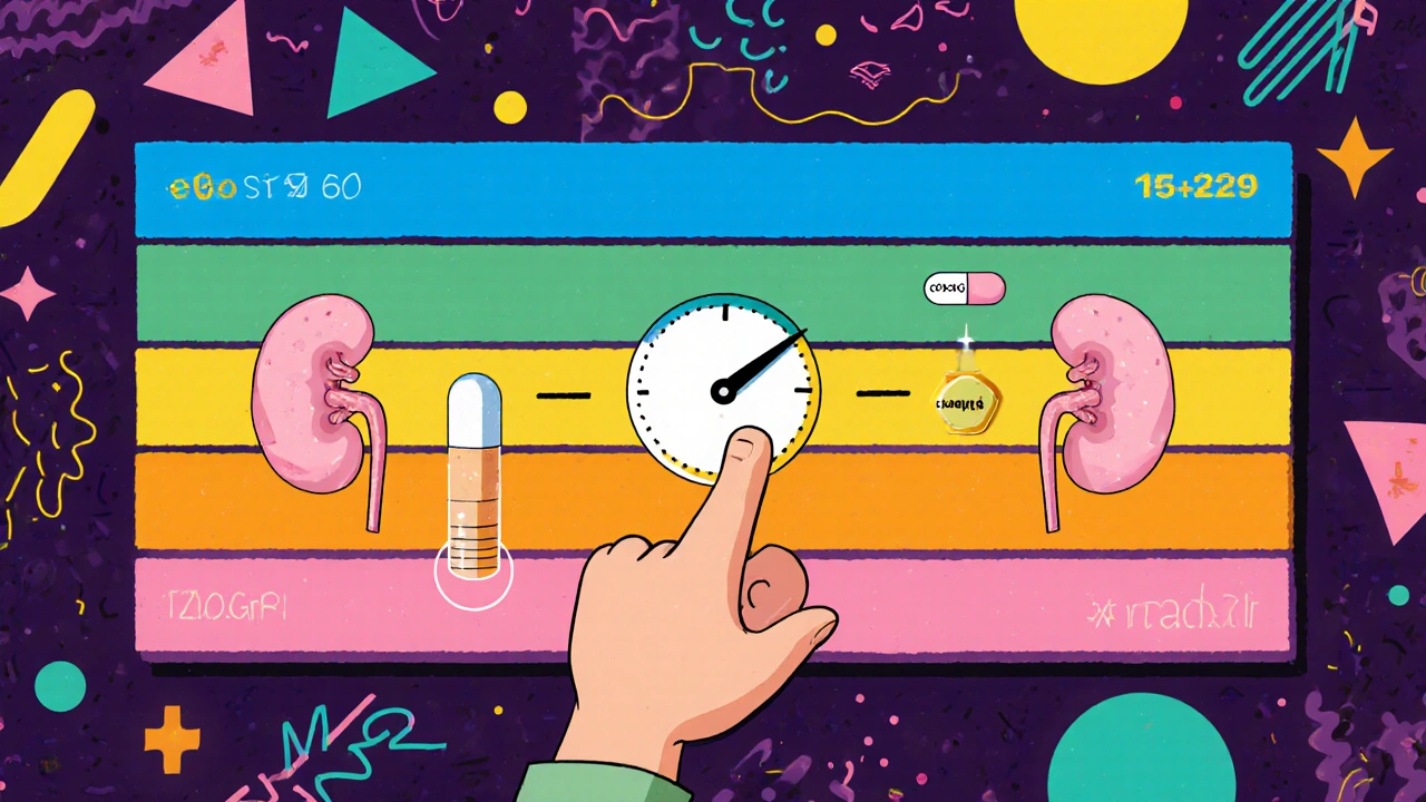 Color‑coded kidney function bands with saxagliptin dosage icons in Memphis design.