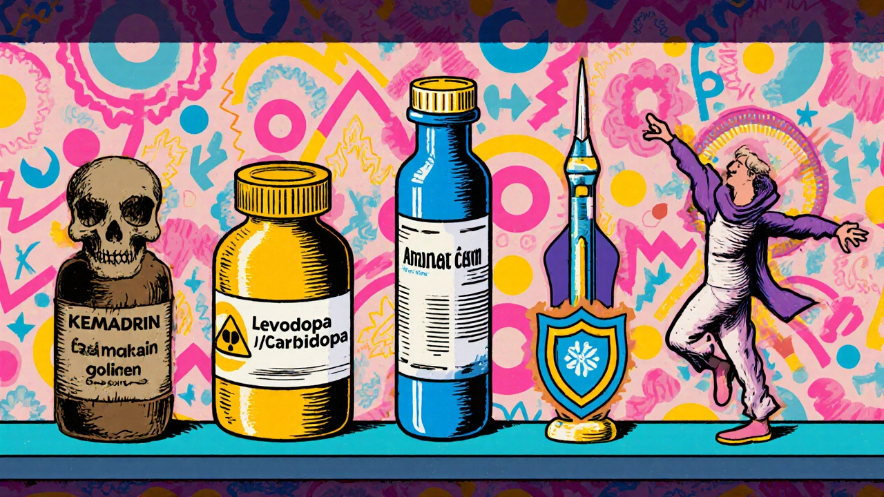 Colorful medicine bottles on a retro shelf, each representing Parkinson&#039;s treatment options