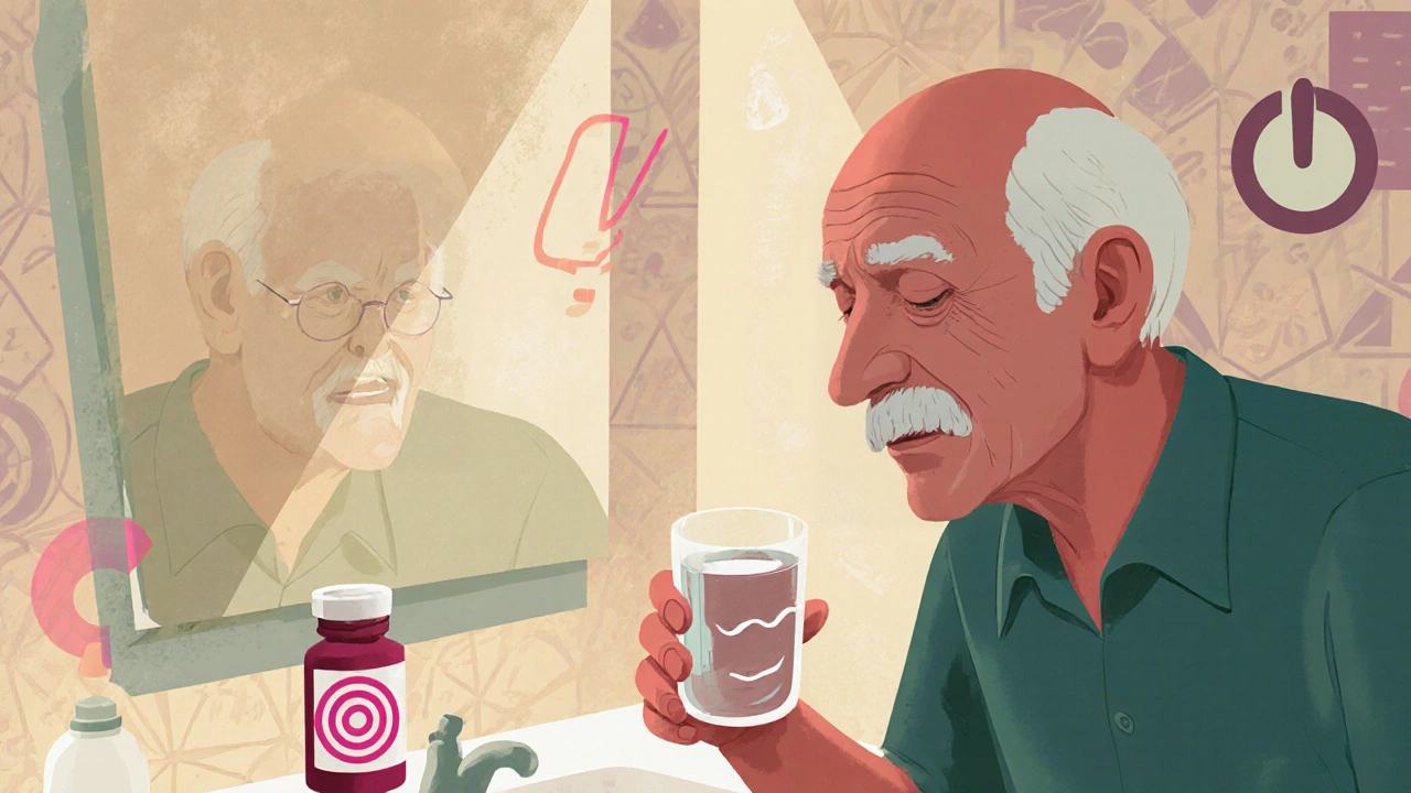 Elderly man in a bathroom showing dry mouth, blurred vision, and risk icons.
