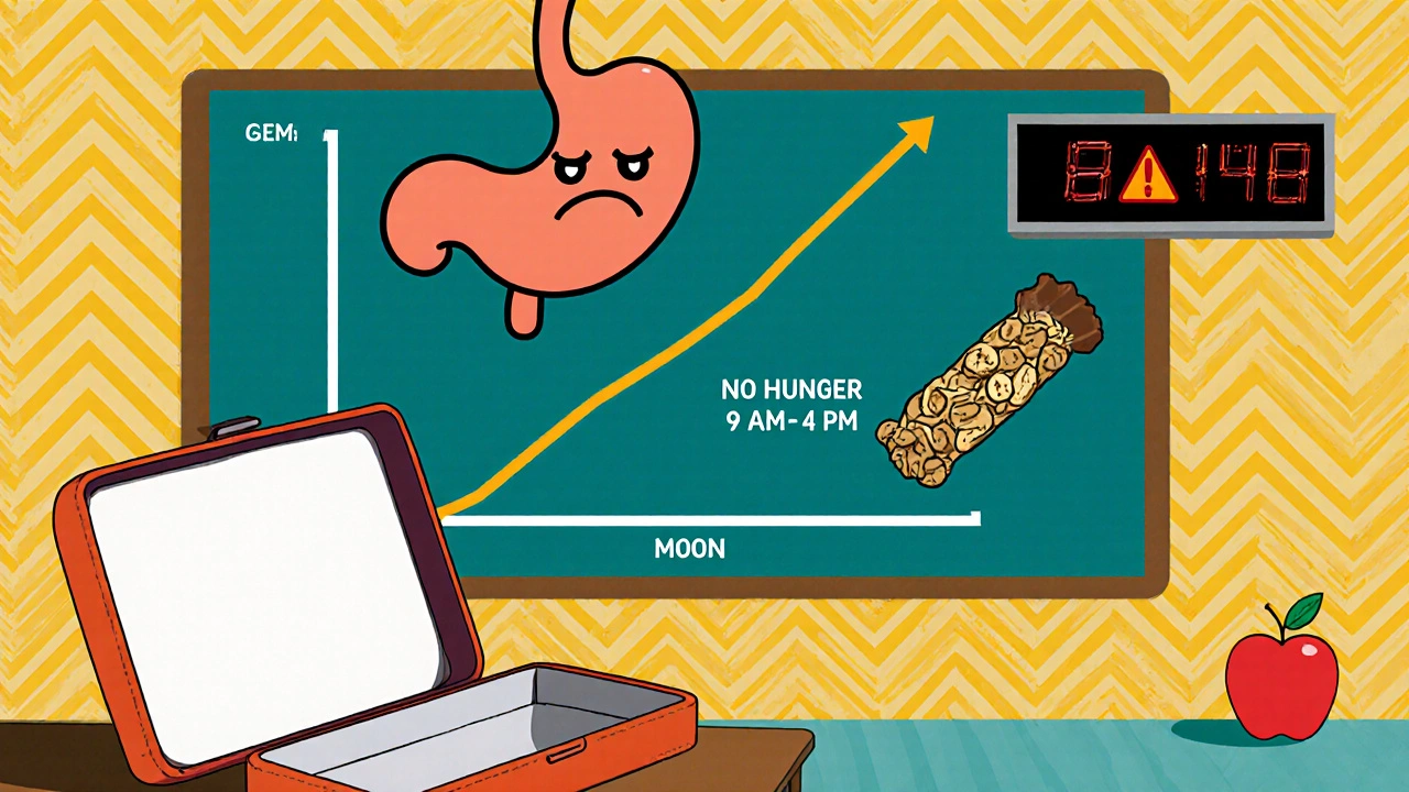 Empty lunchbox and dipping growth chart symbolizing appetite loss during school hours on ADHD meds.
