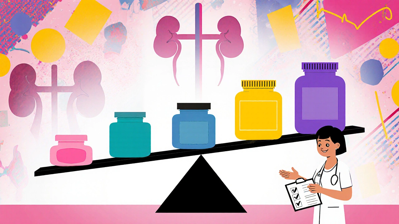 Four drug bottles on a scale with a patient figure, using Memphis geometric patterns.
