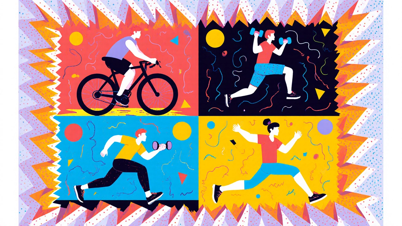 Four workout scenes—cycling, light weightlifting, interval sprint, and yoga—shown in vibrant cartoon style.