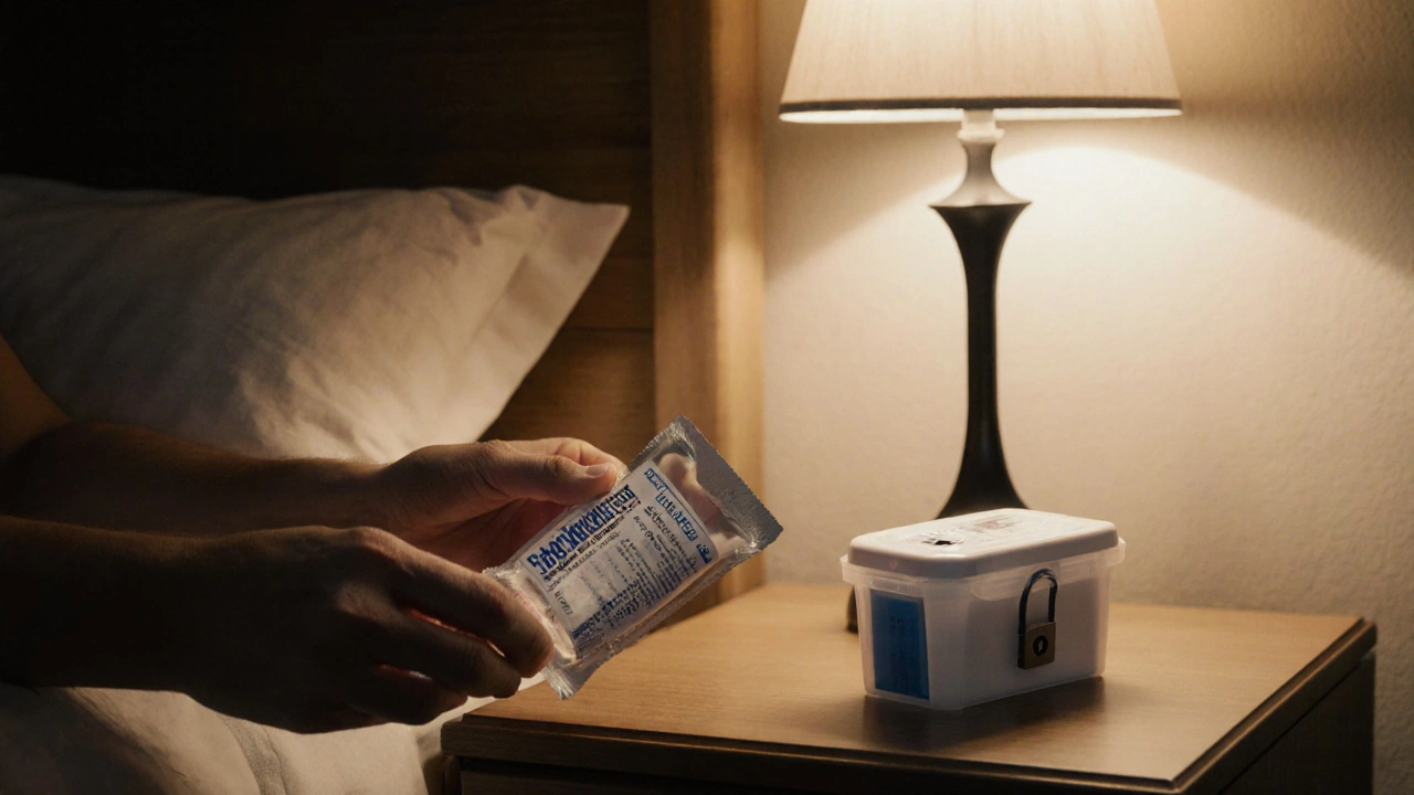 Hand opening parcel, checking tablets, and storing them in child‑proof container.