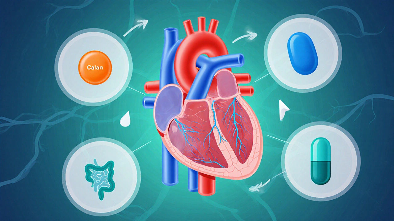 Heart illustration surrounded by three different pills and side‑effect icons.