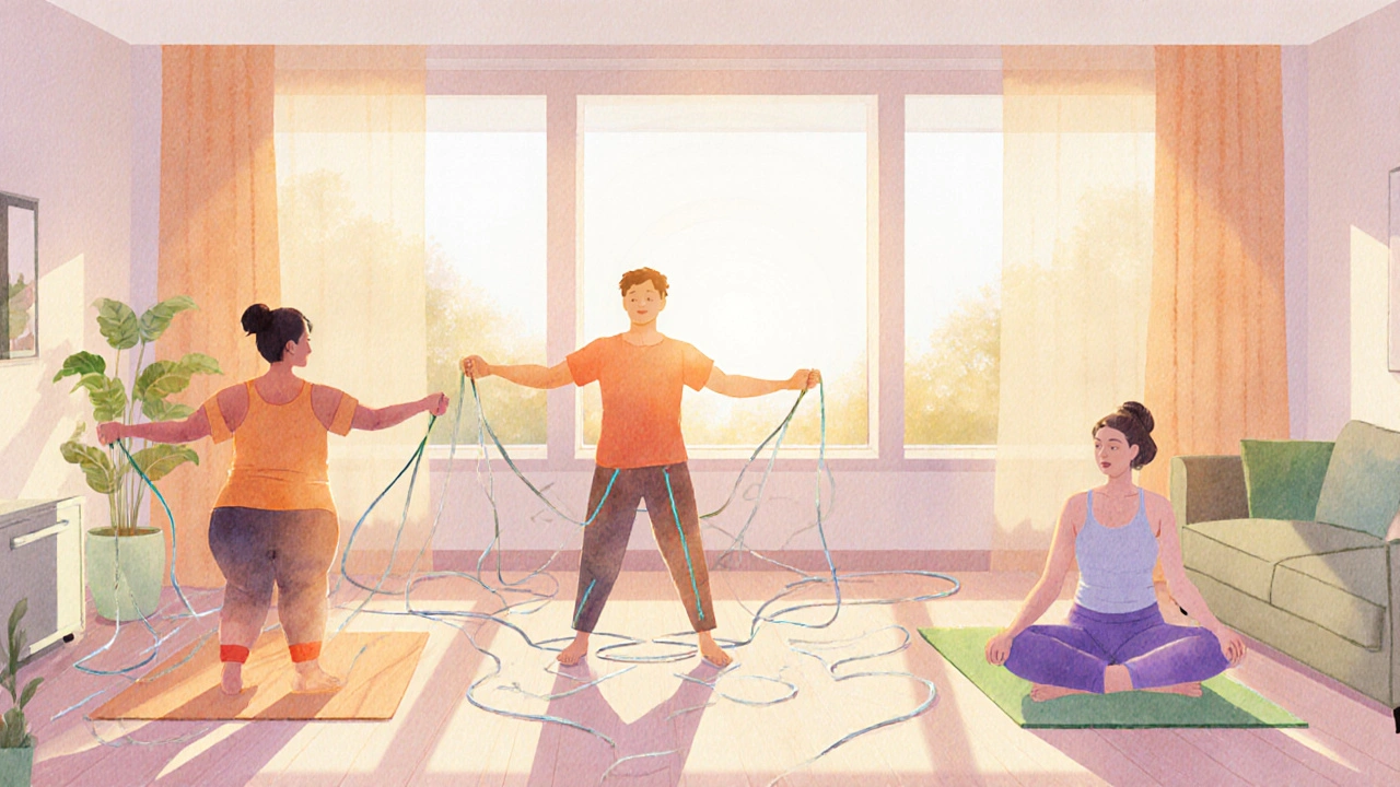 Home exercise scene showing warm‑up, resistance band, and yoga with sunrise light.