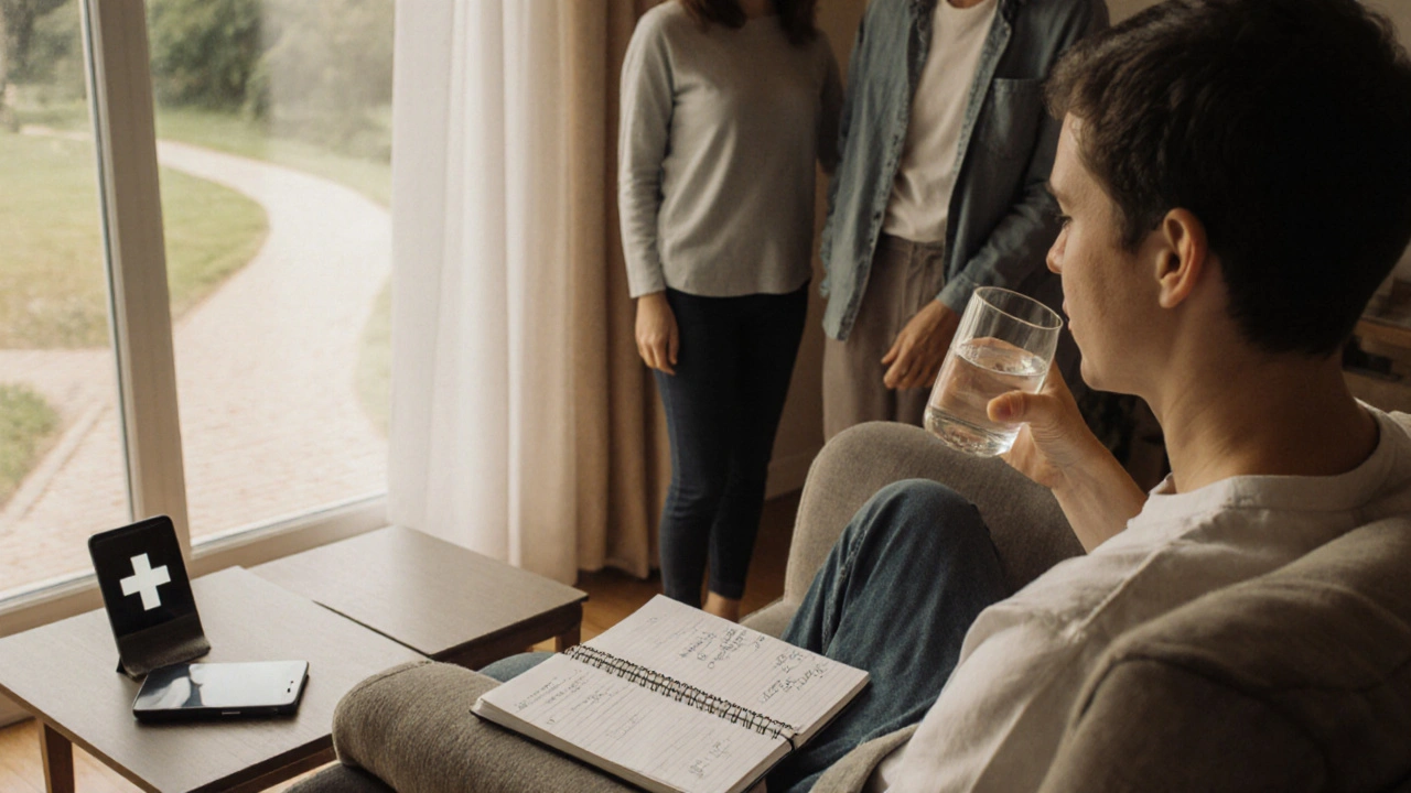 Home recovery scene with patient sipping water, noting symptoms, and family support.