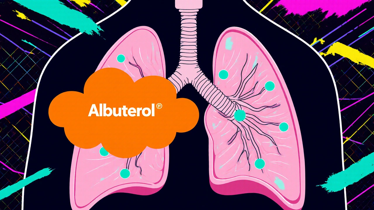 Illustrated airway with Albuterol cloud activating receptors, showing muscle relaxation and widened bronchial tubes.