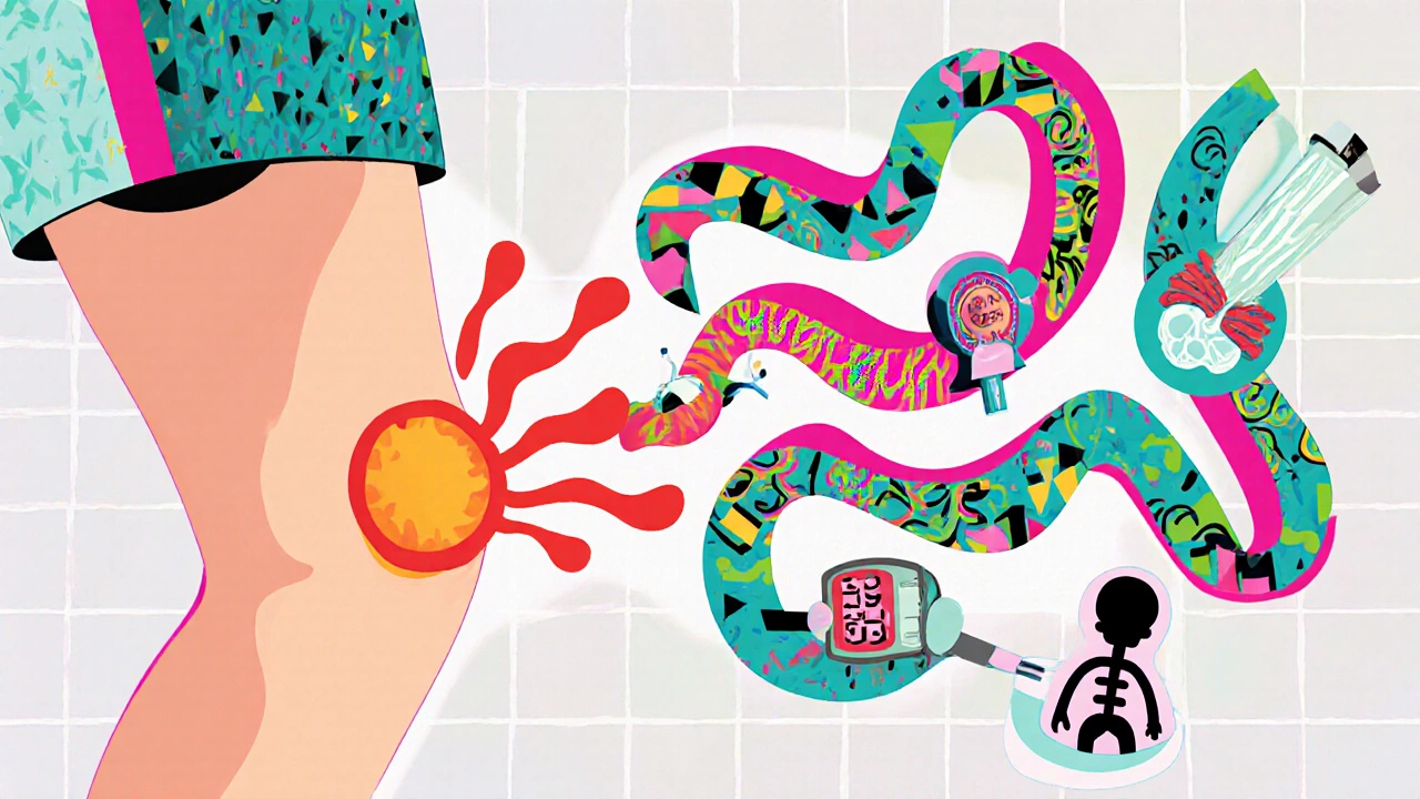 Illustration of a knee injection causing ripple icons for adrenal, glucose, blood pressure, and bone effects.