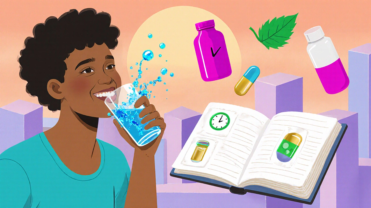 Individual drinking water, writing in a diary, surrounded by colorful alternative medication icons.