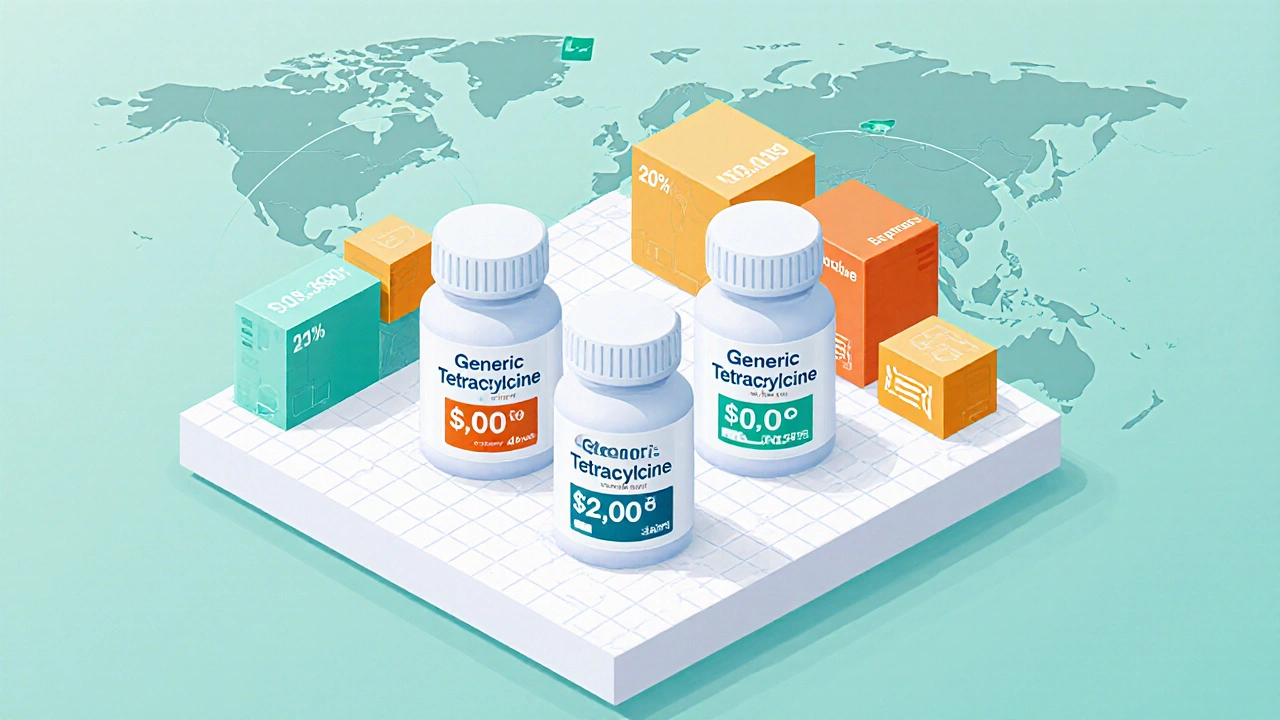 Isometric view of three generic tetracycline bottles with price tags and shipping icons on a grid.