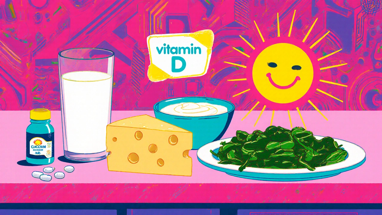 Kitchen scene with soy milk, cheese, yogurt, collard greens, sun icon, and calcium supplement bottle.
