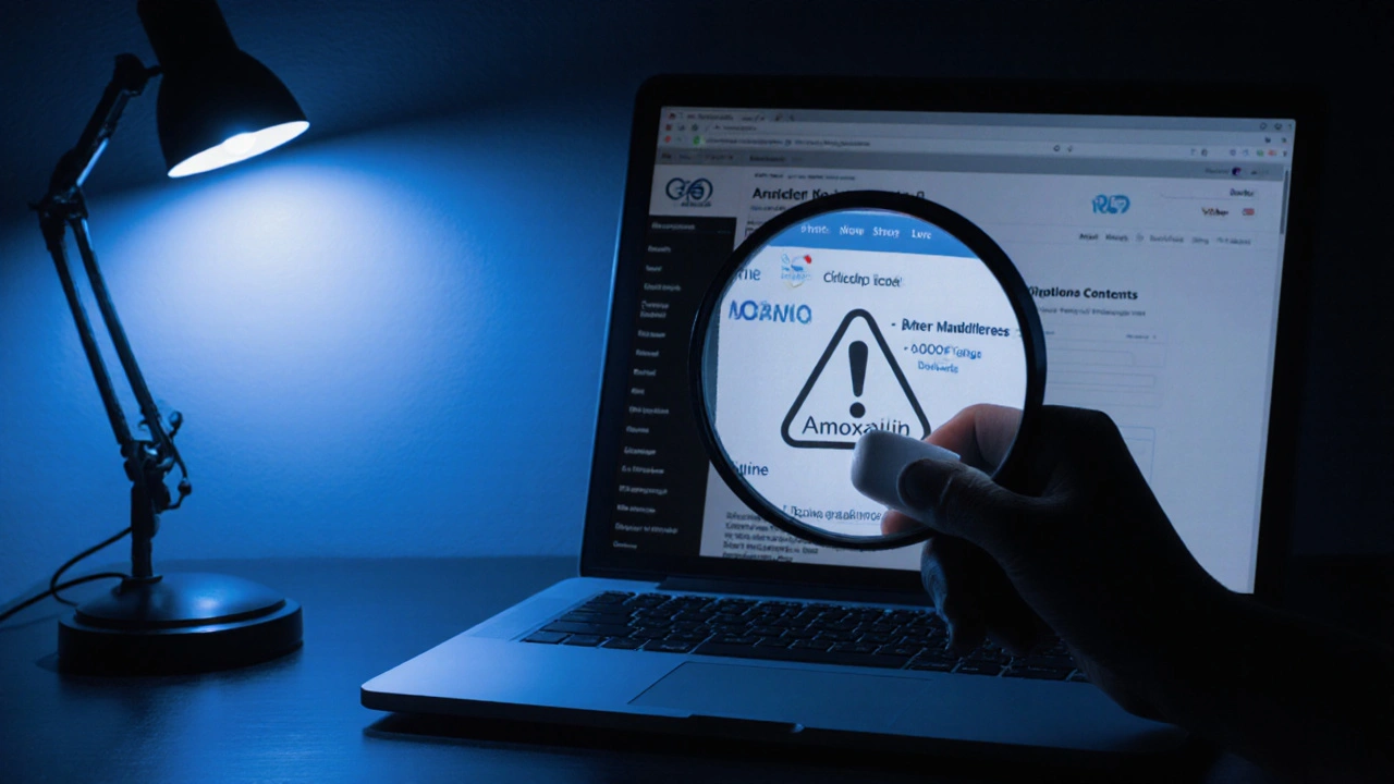 Magnifying glass reveals a warning symbol on an amoxicillin pill near a suspicious website.