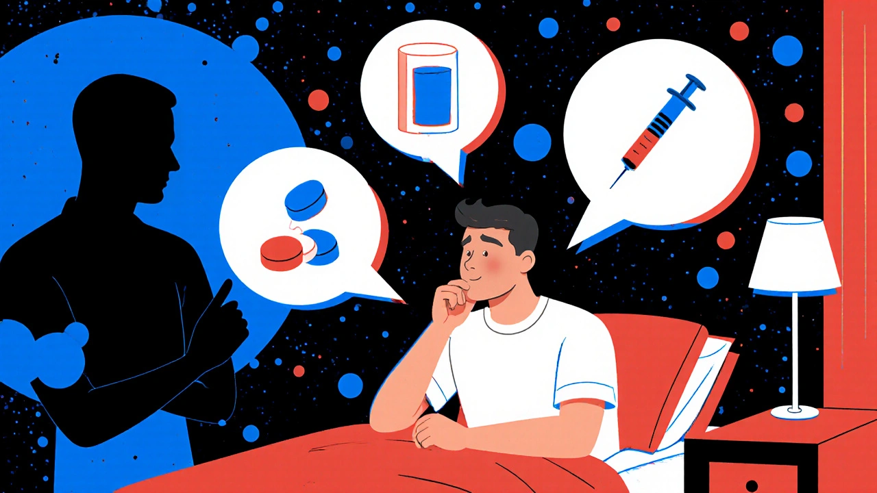 Man considering V Gel, tablet, and injection with doctor silhouette in a Memphis‑styled room.