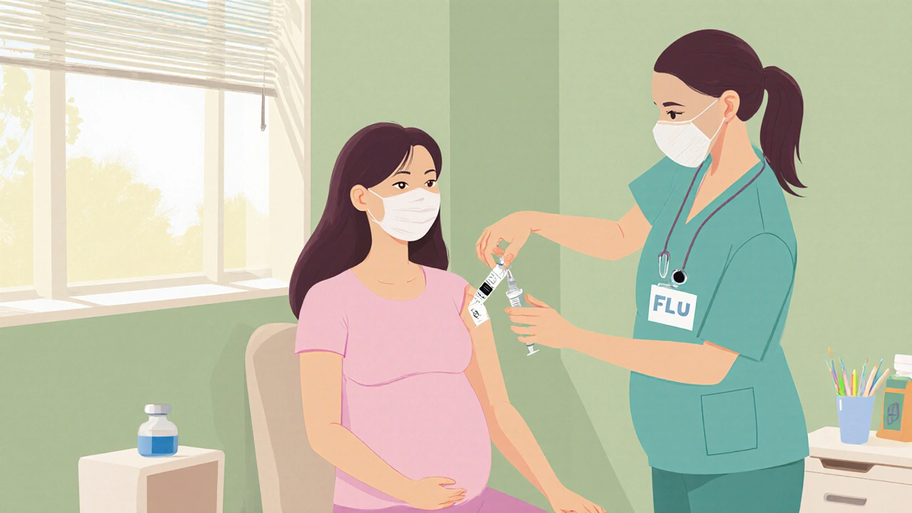 Nurse giving flu vaccine to a pregnant patient in a bright clinic room.