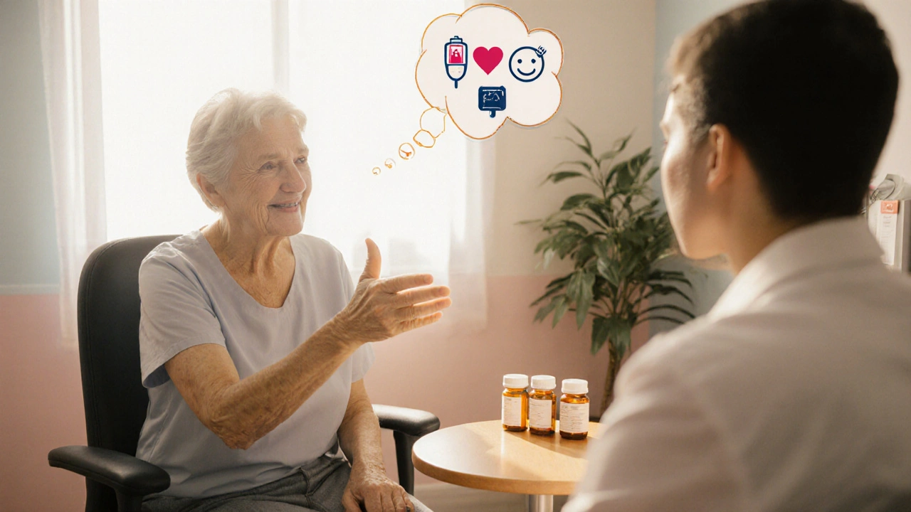 Patient and doctor discussing medication options in a bright clinic.