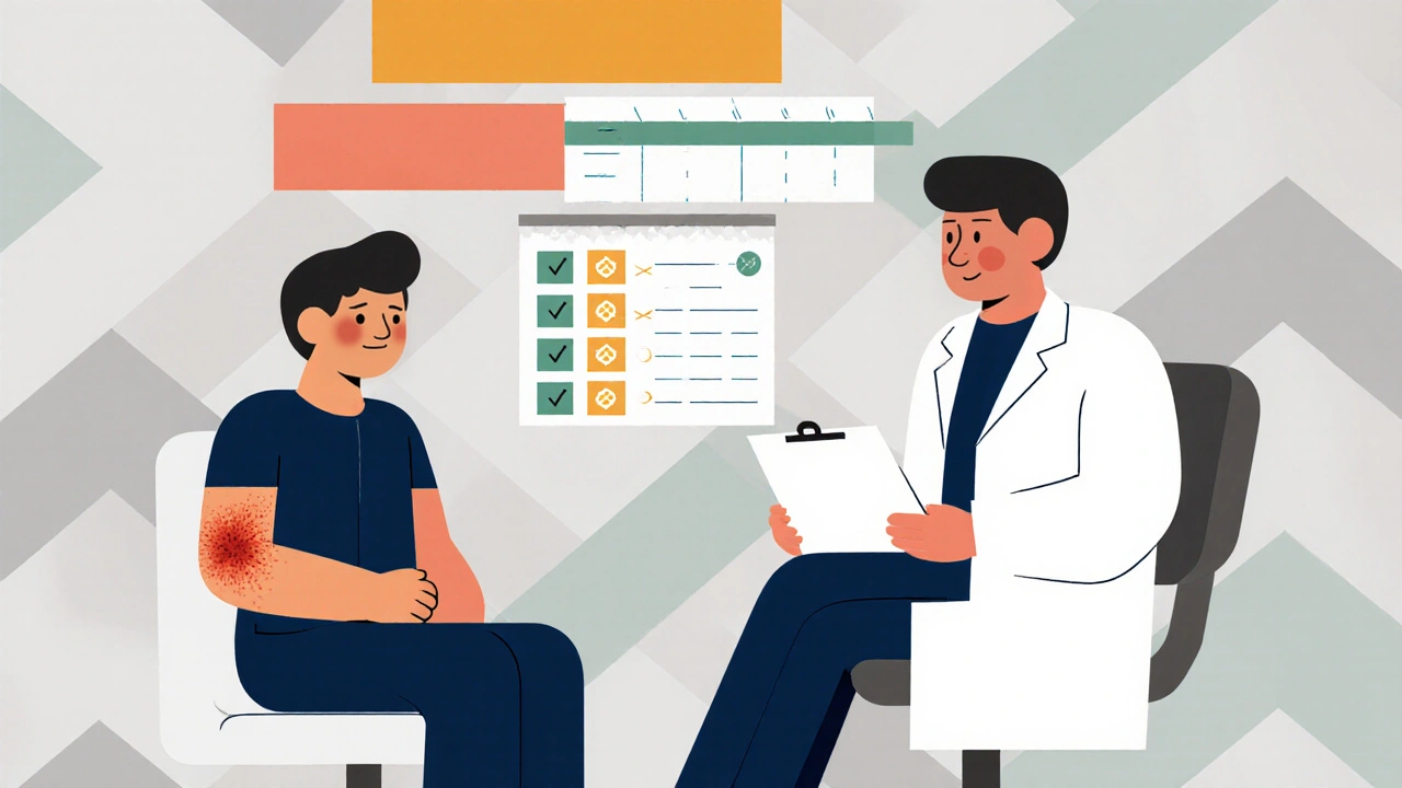 Patient with mild rash consulting doctor, with abstract liver and diary icons in the background.