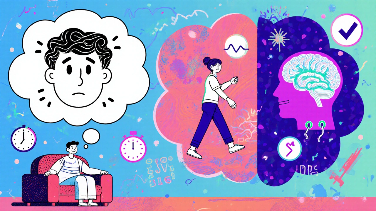 Patient with thought bubbles showing Kemadrin side effects vs. therapy and DBS benefits