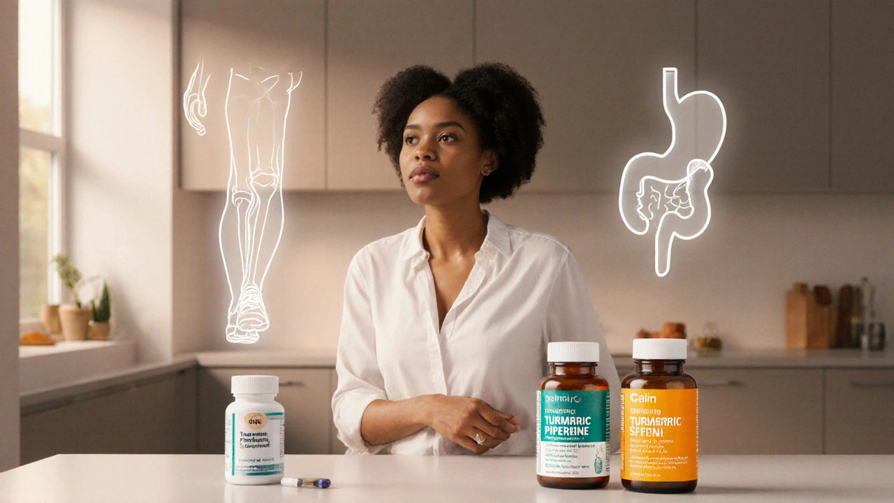 Person in kitchen evaluating boswellic‑acid, turmeric, and fish‑oil supplement bottles.