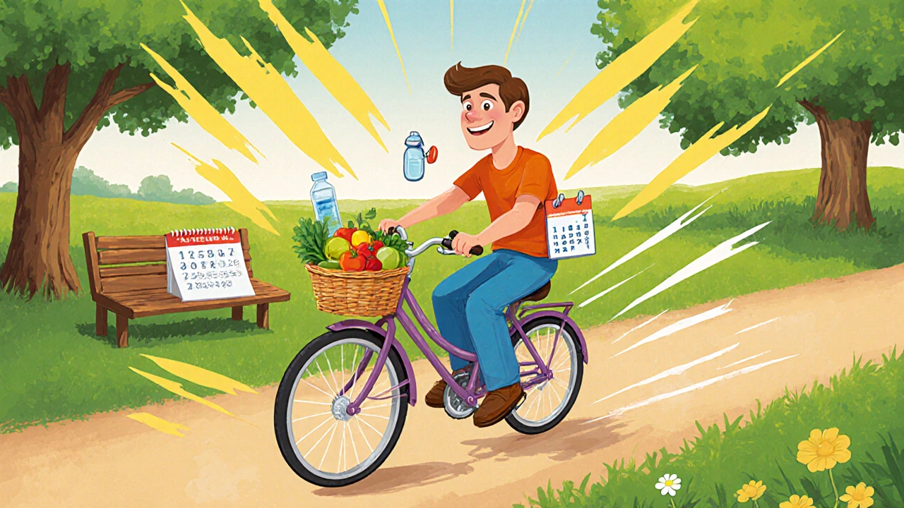Person riding a bike with low‑salt foods, medication bottle, and hearing aid, smiling in a bright vintage cartoon scene.