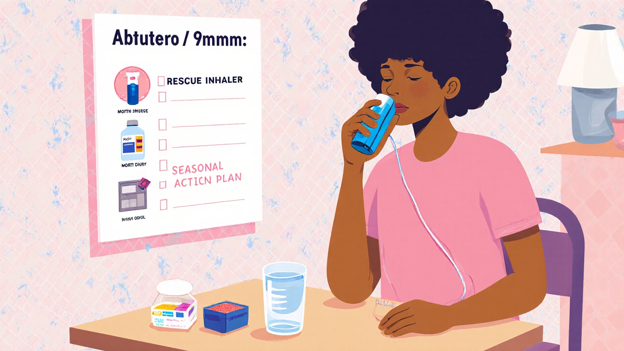 Person using a spacer with Albuterol inhaler at a table, surrounded by a water glass, pill organizer, and checklist icons.