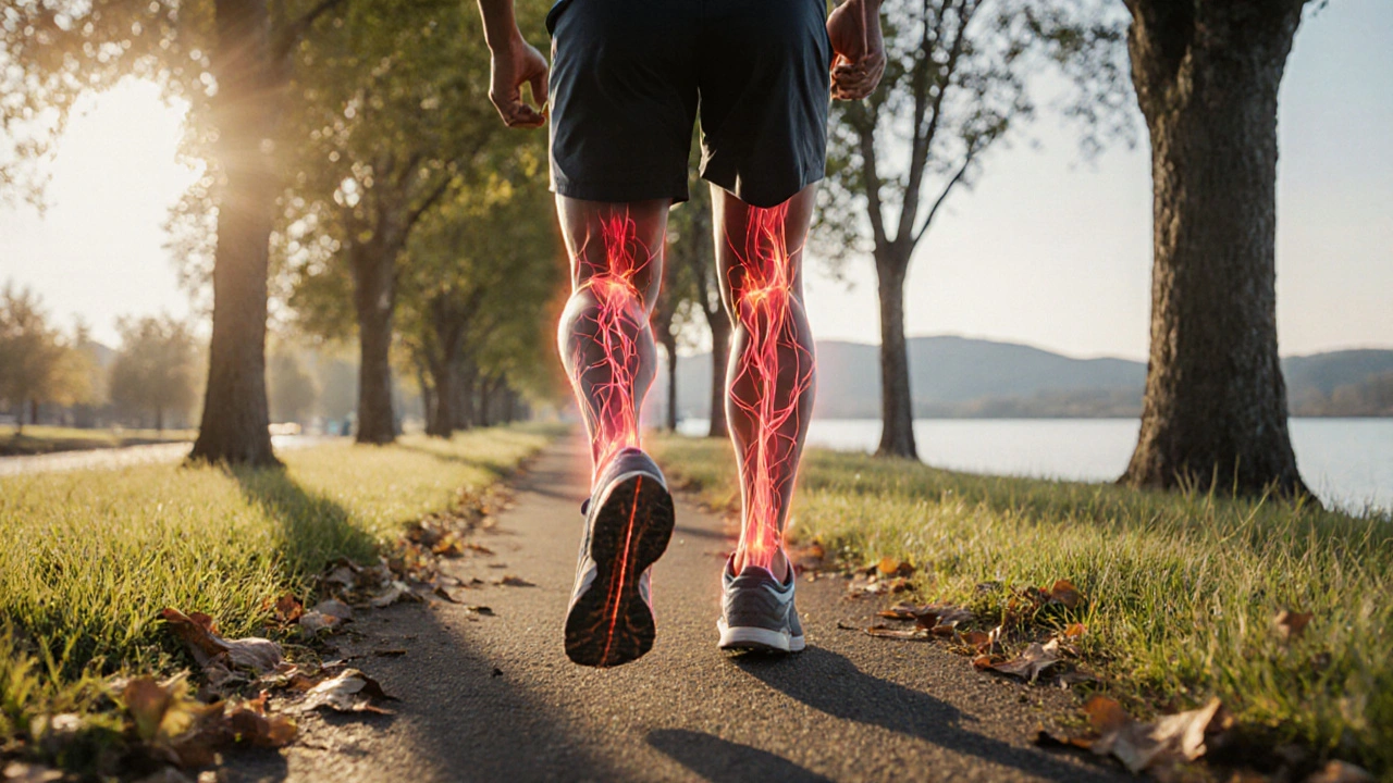 Person walking briskly in a park with visualized blood flow illustrating shear stress.