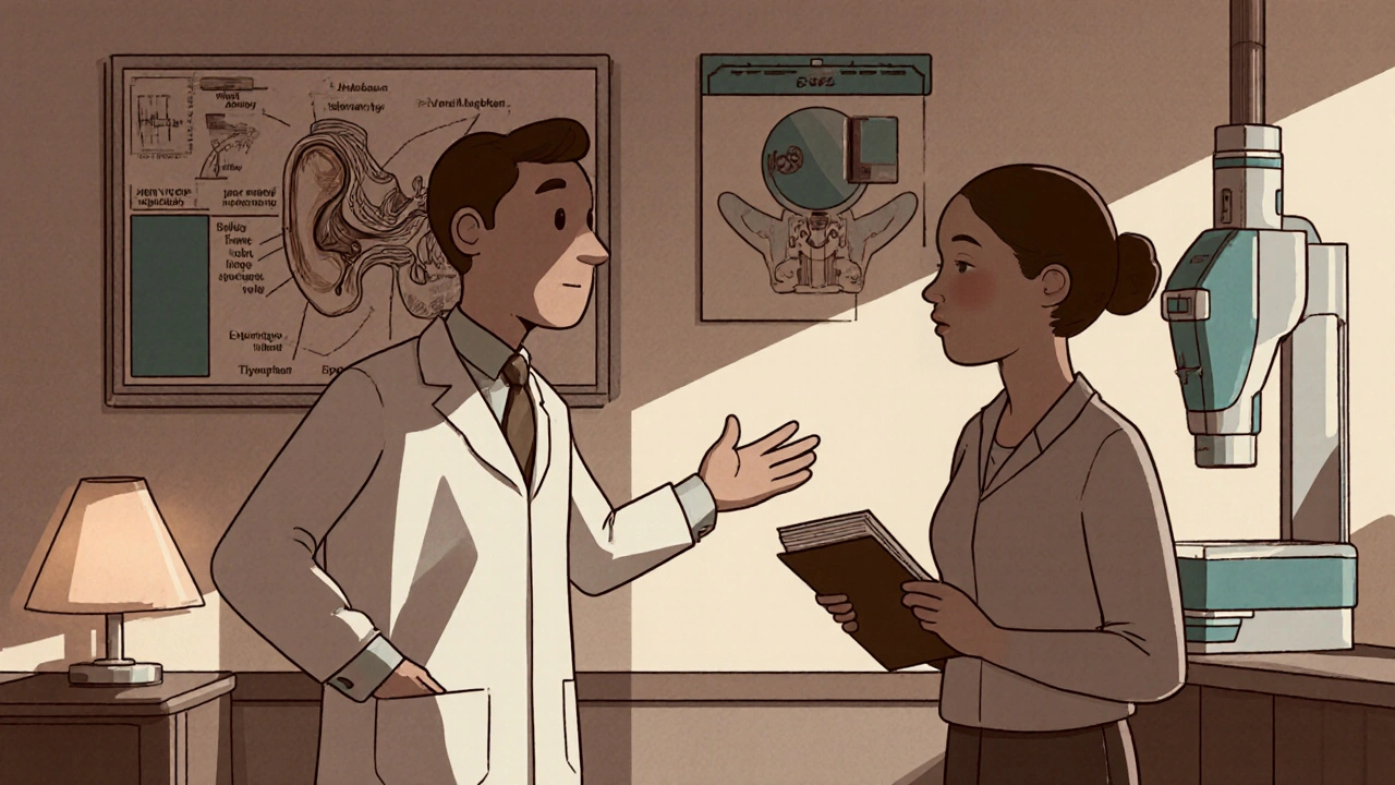 Retro ENT doctor uses audiometer and balance machines while patient holds a symptom diary, in vintage cartoon illustration.