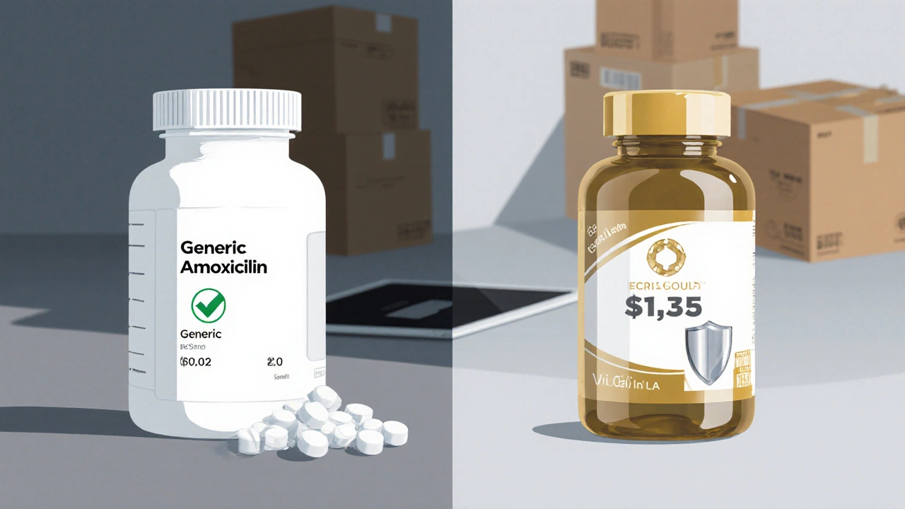 Side-by-side view of generic and brand amoxicillin bottles with price indicators.