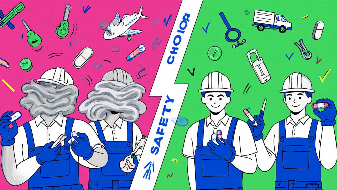 Split workplace scene: impaired workers on left, alert workers on right, divided by a safety choice zigzag line.