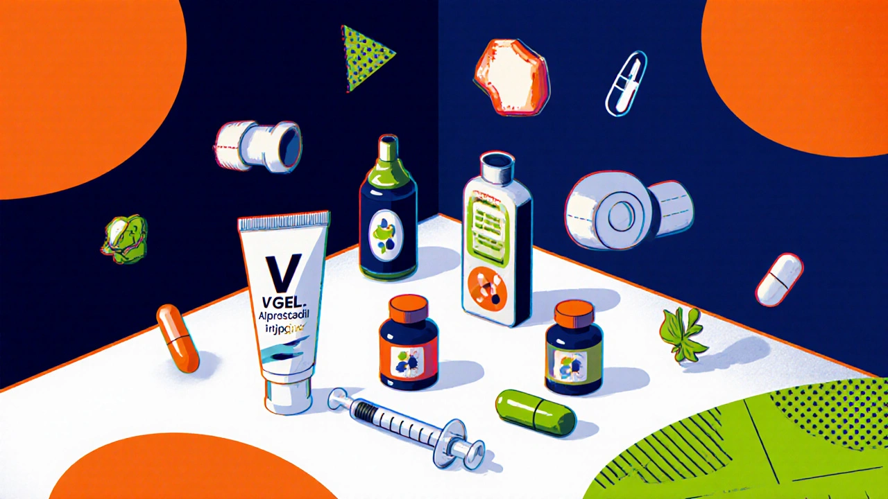 Table displaying gel tube, pill bottles, syringe, vacuum pump, and supplement amid geometric shapes.