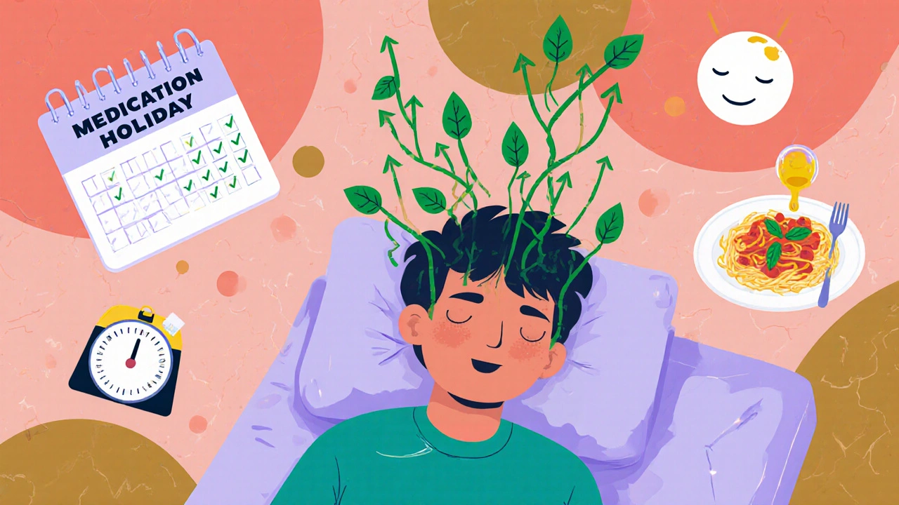 Teen sleeping as growth arrows rise during medication break, symbolizing catch-up growth in summer.