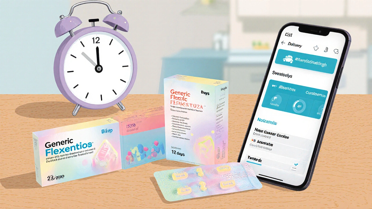 Three fluoxetine blister packs on a table with a phone showing delivery tracker.