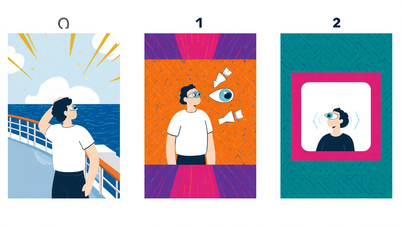 Three panels illustrating horizon fix, side‑glance sweep, and window‑frame vision tricks on a vehicle.