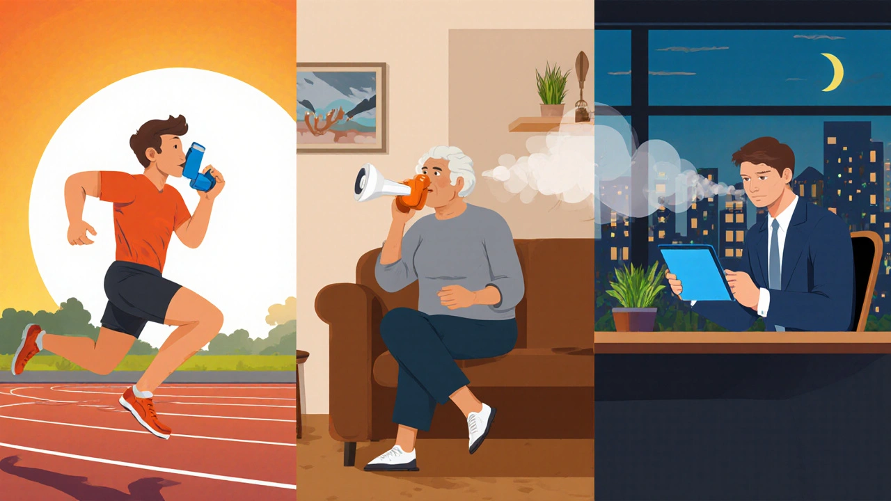 Three panels showing an athlete, senior, and professional using different inhalers.