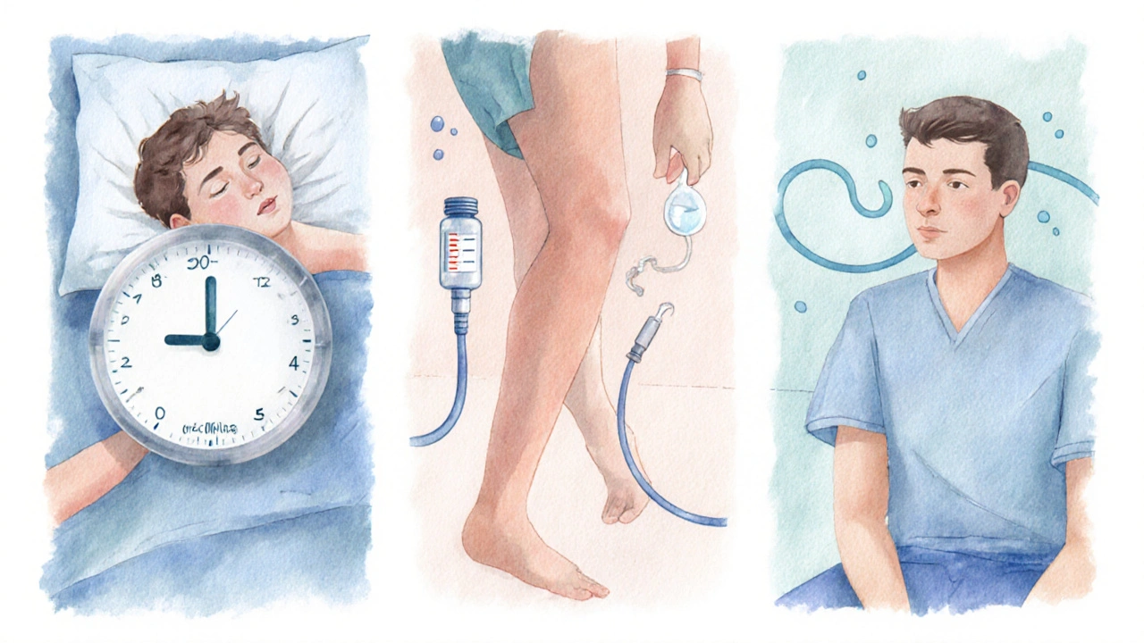 Three watercolor panels showing recovery after general, spinal, and sedation anesthesia.