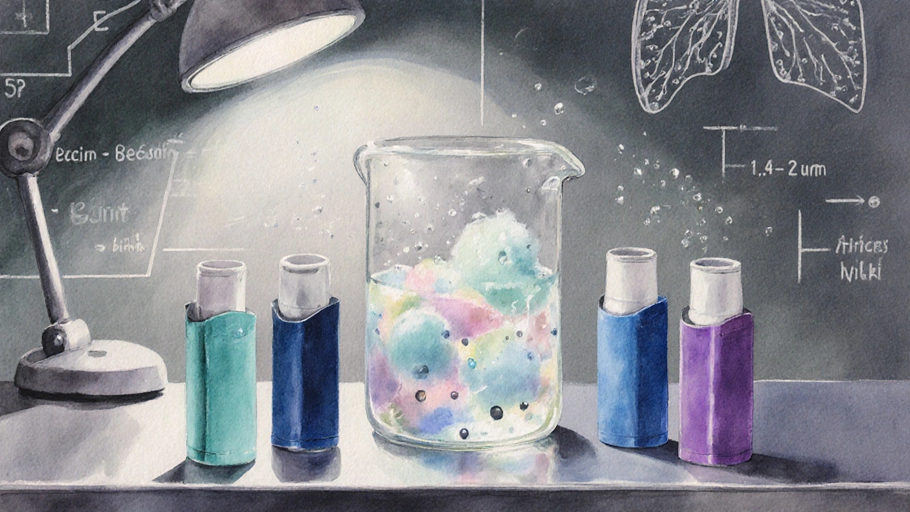 Watercolor lab scene showing inhaler cartridges and swirling aerosol particles.