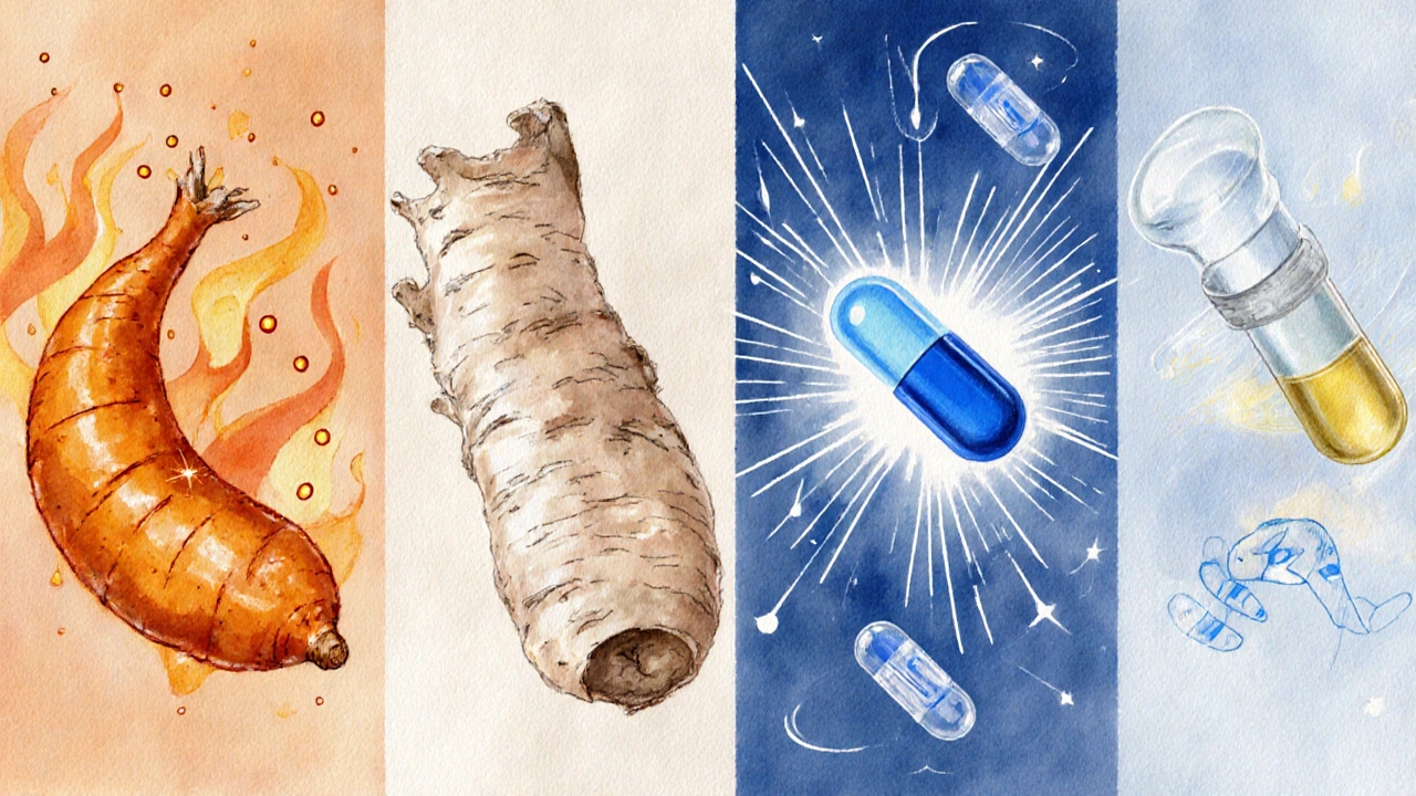 Watercolor panels of turmeric, ginger, willow bark, ibuprofen, fish oil, and boswellic‑acid capsules.