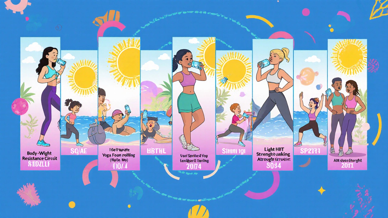 Weekly workout plan illustrated as cartoon panels of daily exercises with water bottles and geometric motifs.