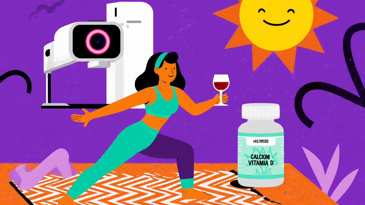 Wellness collage of woman doing yoga, small wine glass, mammogram machine, and sun over supplements.