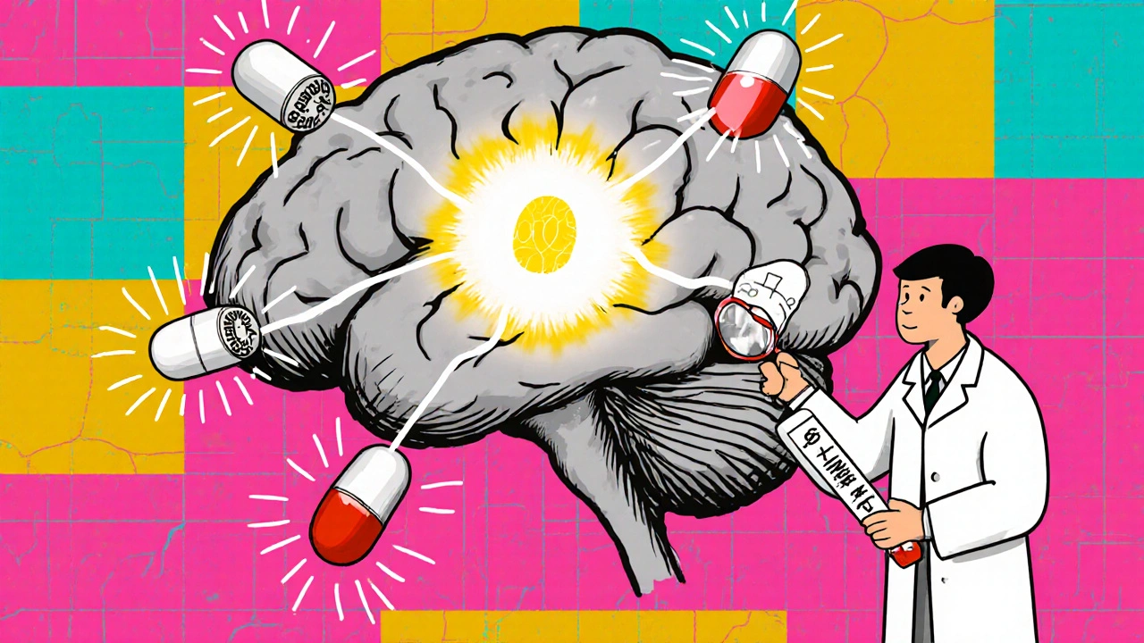 A brain with a glowing thyroid, connected to floating pill fragments causing color-coded body reactions in geometric style.