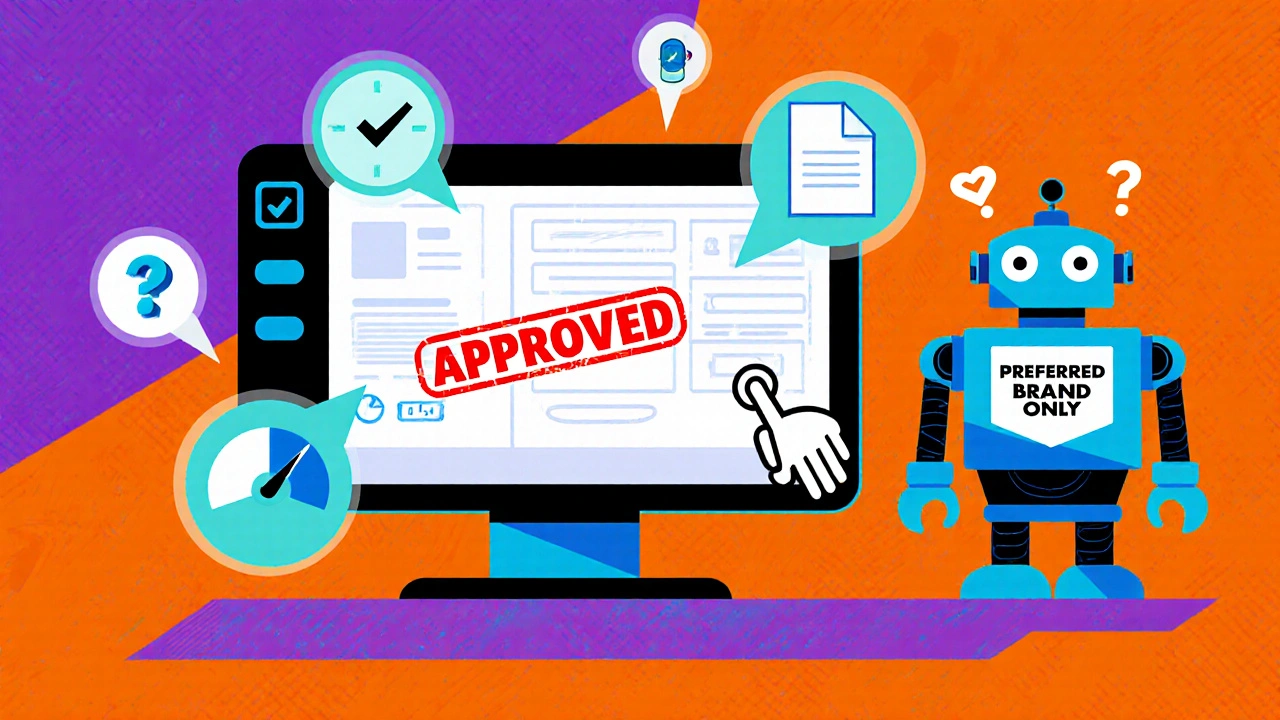 A digital EHR screen showing &#039;APPROVED&#039; with icons and a confused robot, rendered in bold Memphis colors.