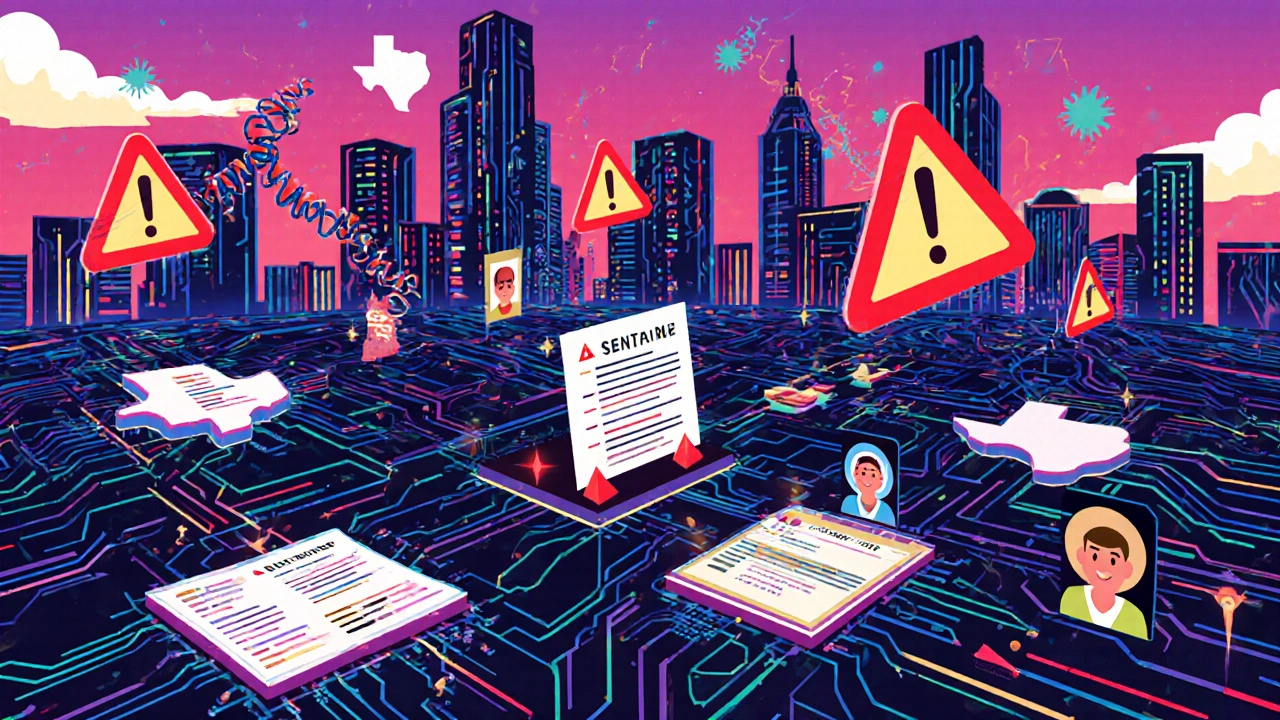 A geometric city network glowing with health data alerts across three U.S. states.