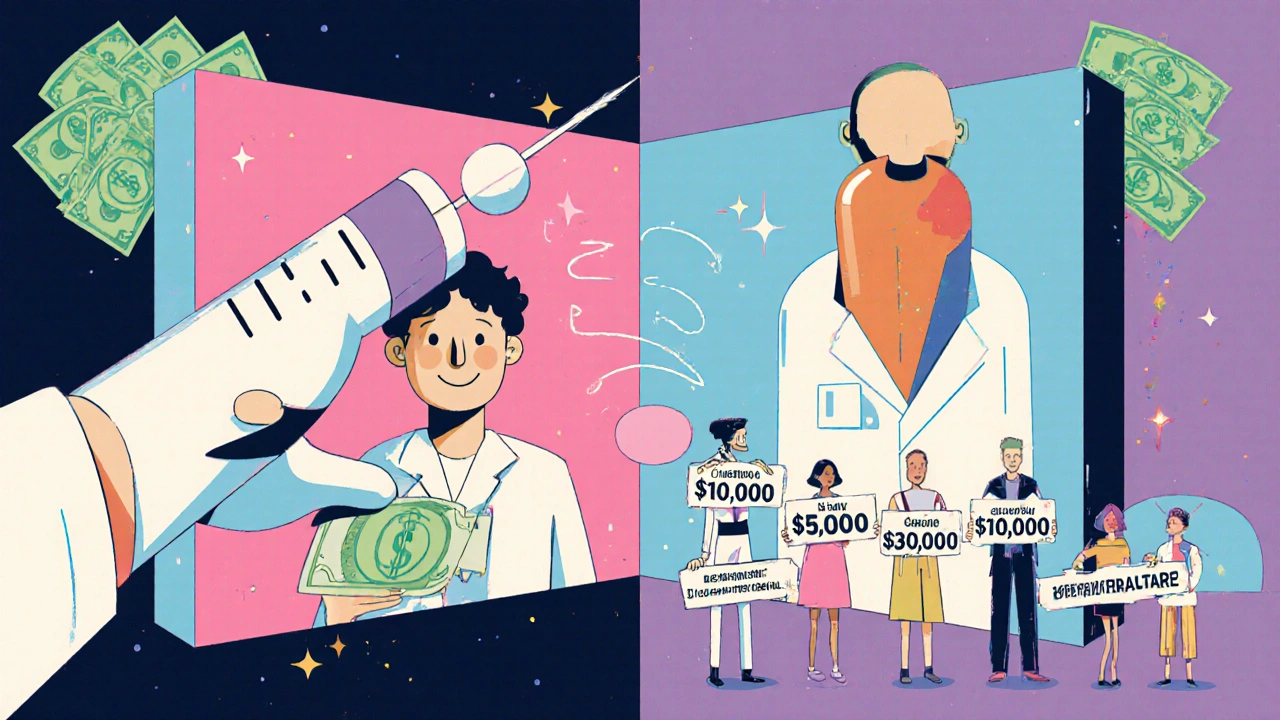 A giant syringe injecting money into a split scene of cheap generics vs expensive specialty drugs, in bold Memphis illustration style.
