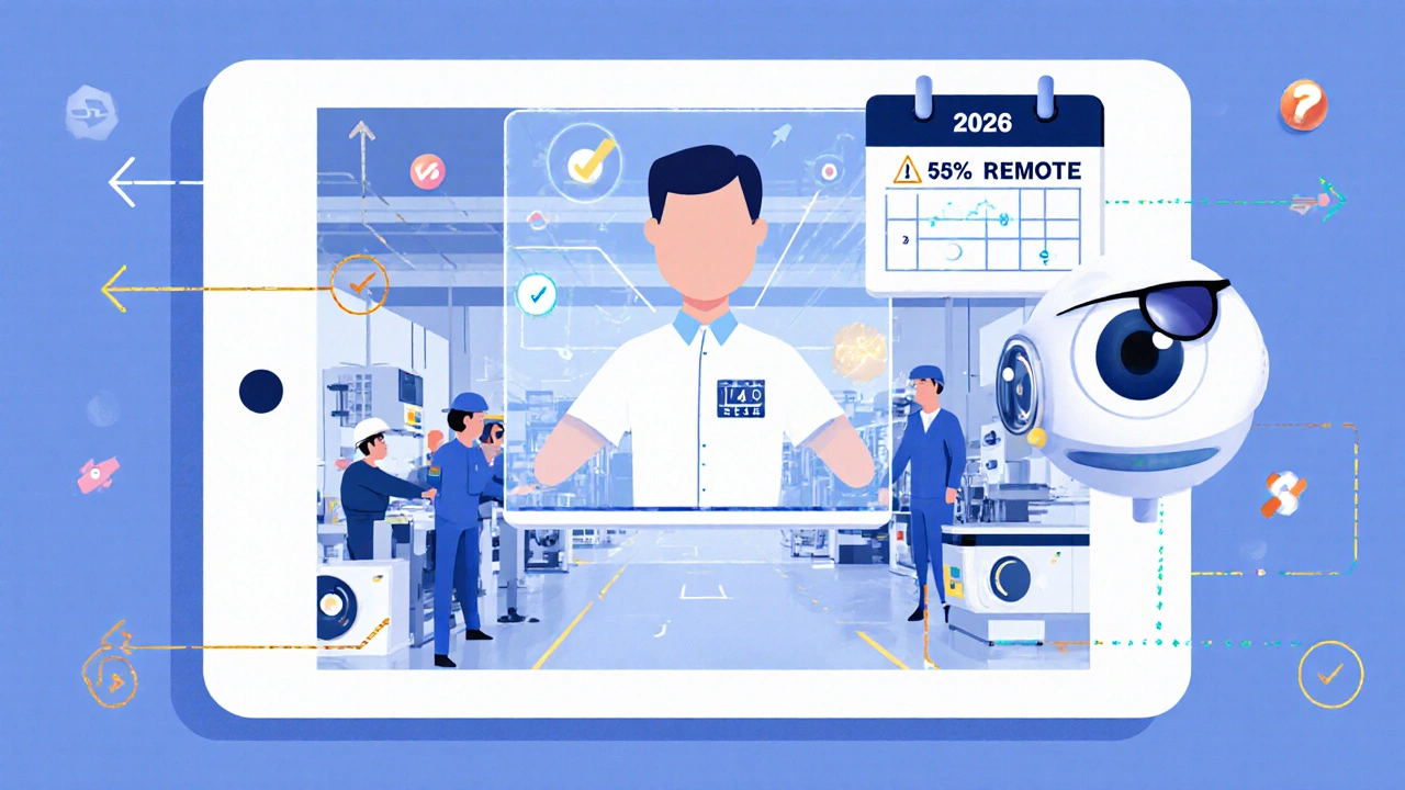 A holographic FDA inspector conducting a remote inspection via tablet over a futuristic manufacturing floor.